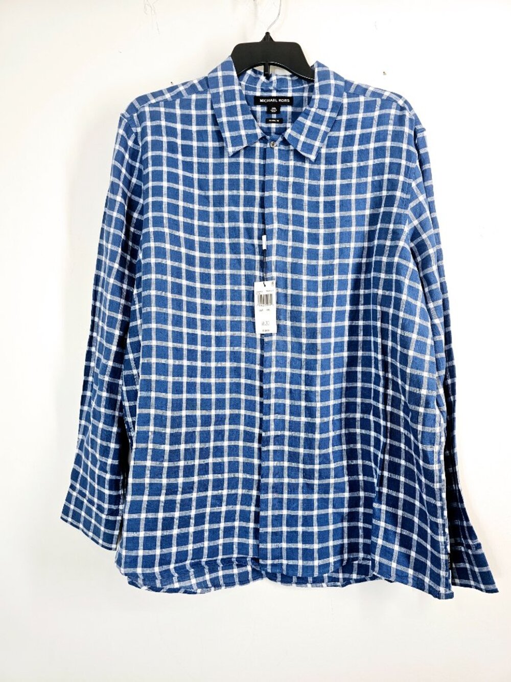 Michael Kors Mens 100% Linen Plaid Windowpane Button Up Long Sleeve Shirt 2XL